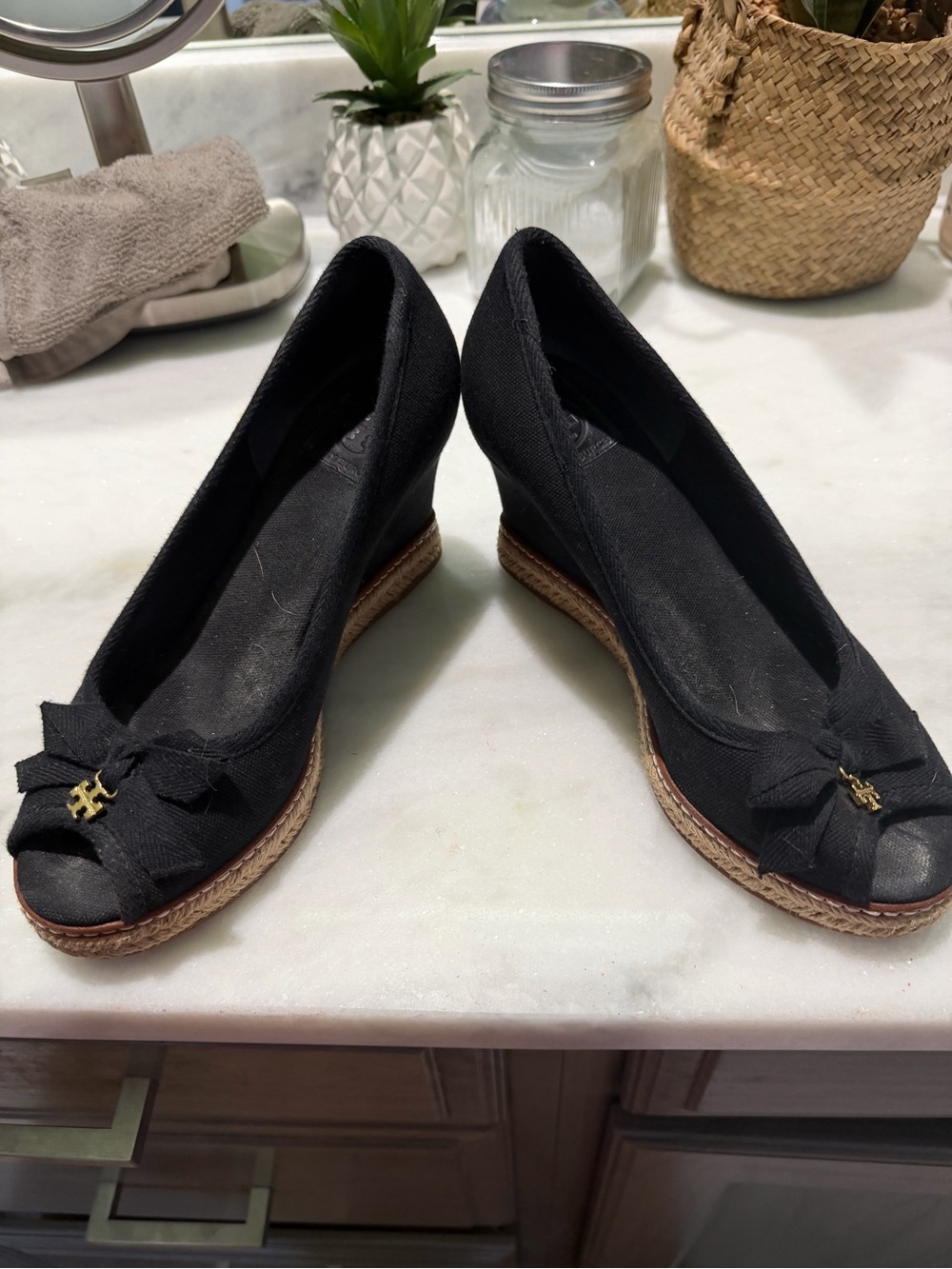 Tory Burch Black Peep-Toe Espadrille Wedges with Bow & Logo